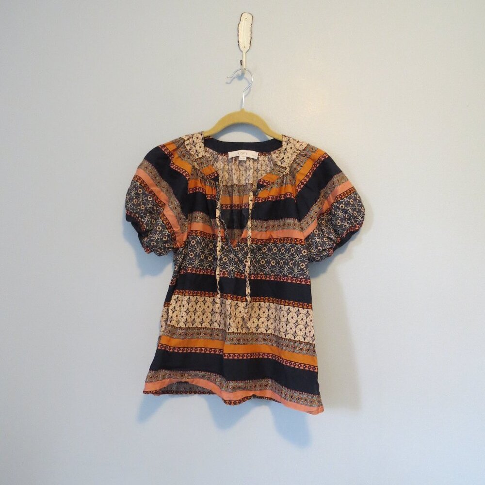 LOFT Petite Foulard Tie Neck Puff Sleeve Top Navy & Orange Print Cotton XXSP